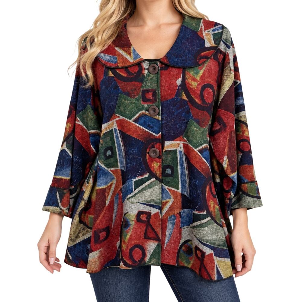 NEW NWOT Shana Sz XL Wearable Art Red Blue Abstract Blouse Shirt Top Fall Winter
